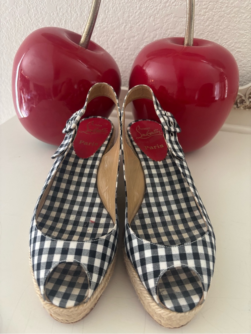 Christian Louboutin Black & White Gingham Peep-Toe Wedge Sandals